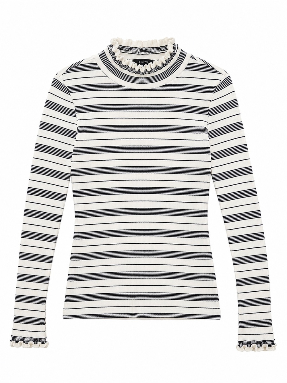 J. Crew Cream and Black Striped Ruffle Mock-Neck Long Sleeve Top
